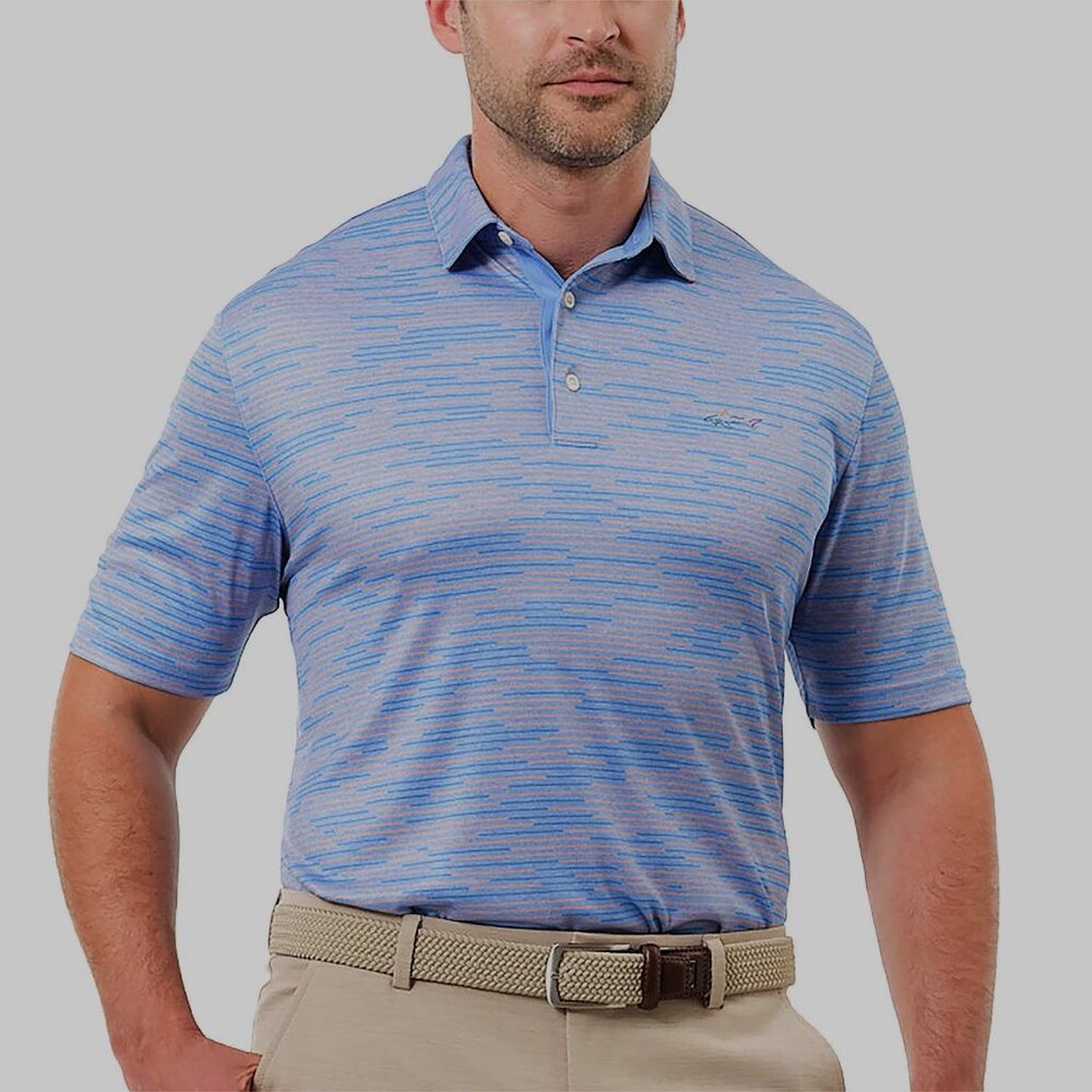 NWOT Greg Norman XL Men's Performance Blue and Orange Striped Golf Polo